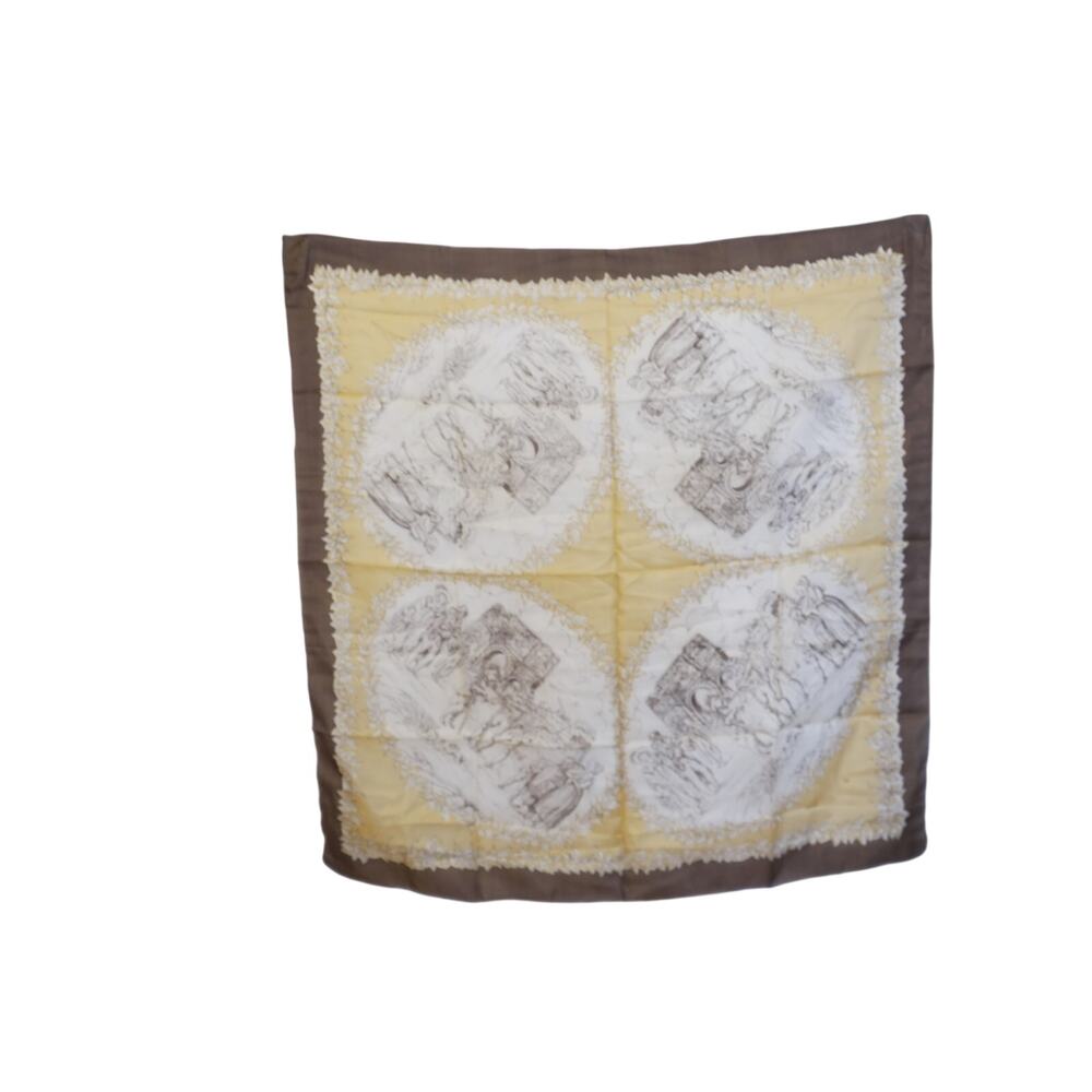 Vintage 35x35 Silk Scarf Brown Yellow Scenic Print Retro Square Neck Wrap